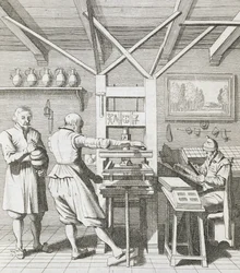 Die Buchbinderei von Laurens Janszoon Koster, graviert von J. van der Velde, veröffentlicht in 